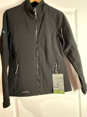 Eddie Bauer Black Softshell Utility Jacket with Bates Embroidery on Sleeve
